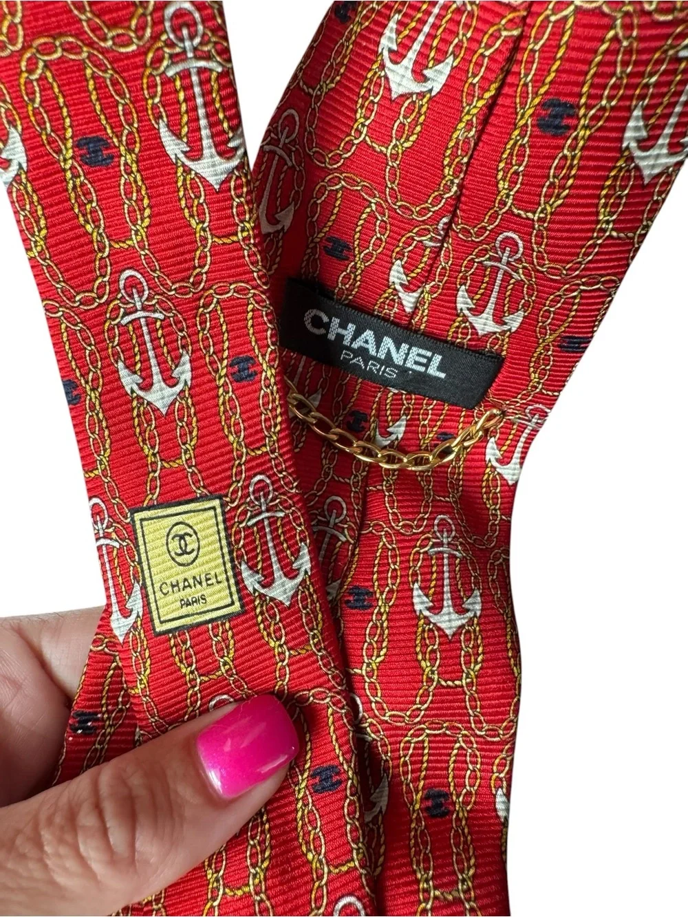 CHANEL Red Anchor Silk Patterned Scarf Tie